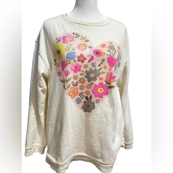 Natural Life Floral Heart Sweatshirt Cream Graphic Pullover Boho Cozy Top - Picture 2 of 5